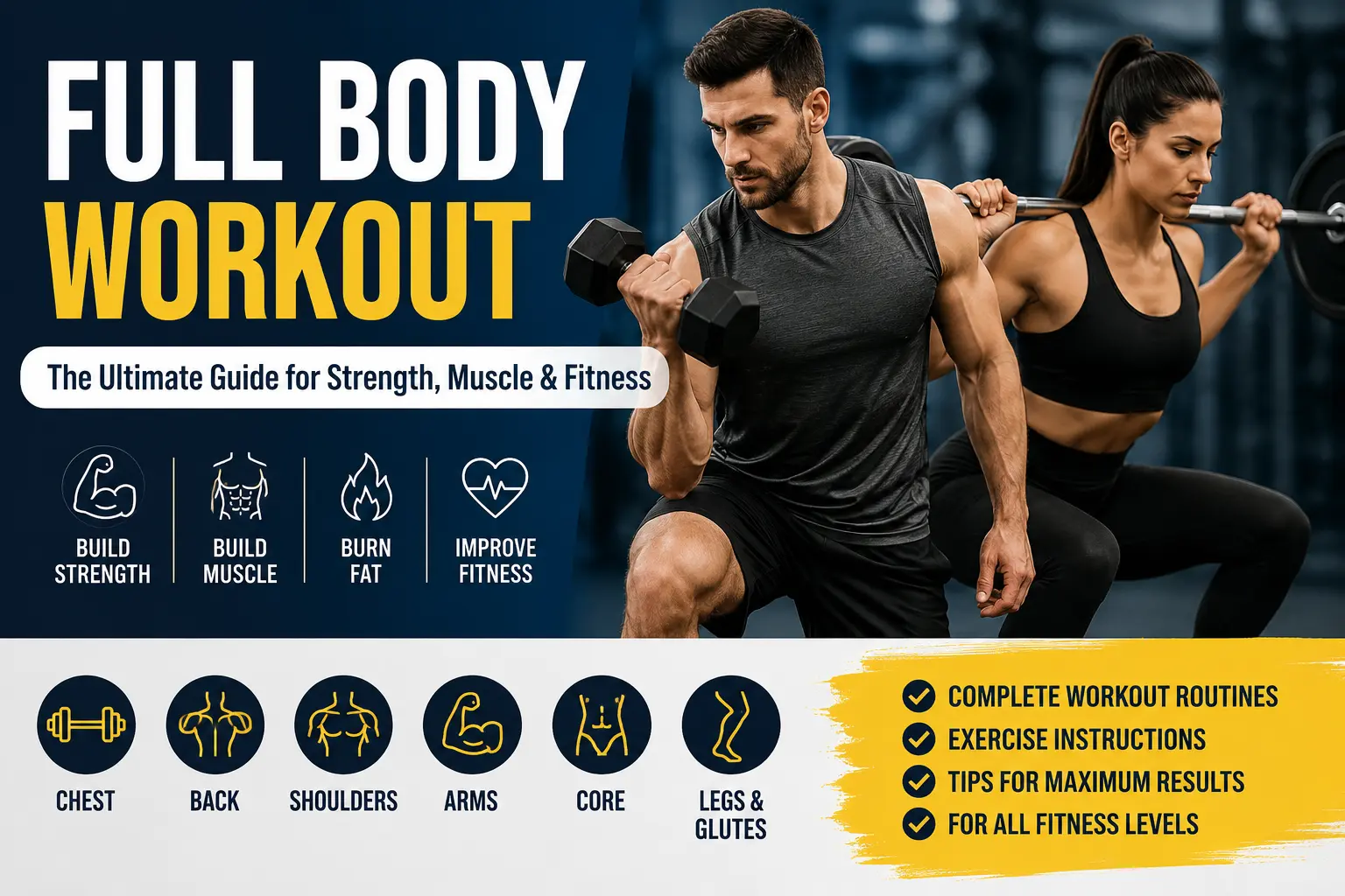 Man and woman performing full body workout exercises in a gym for strength and muscle building