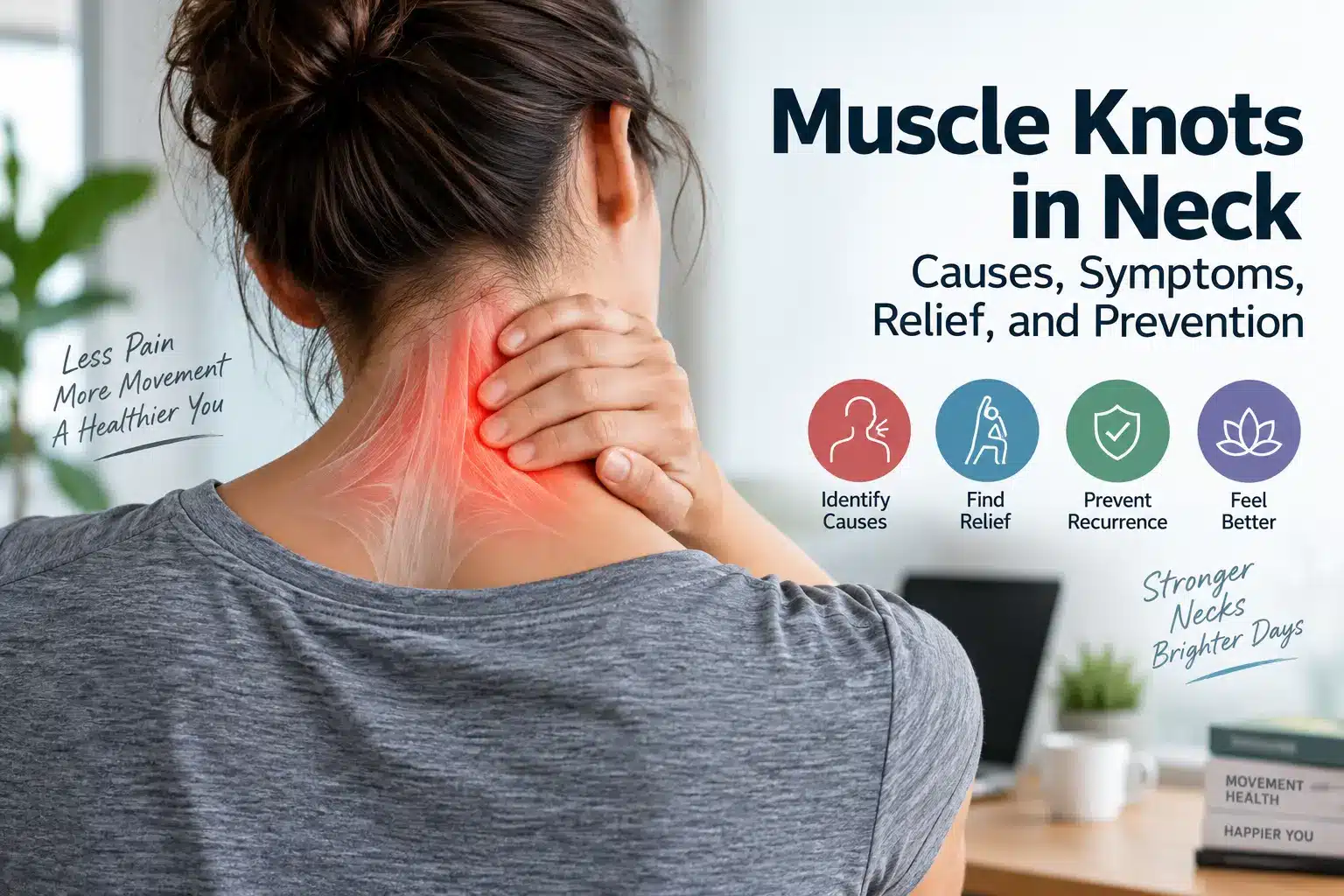 Woman experiencing a muscle knot in neck with highlighted neck muscles