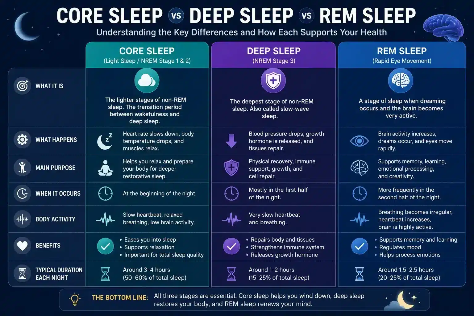 What Is Core Sleep? Deep Sleep, REM Sleep, and Sleep Quality Explained (2026) Core sleep vs deep sleep vs REM sleep comparison infographic with key differences and benefits