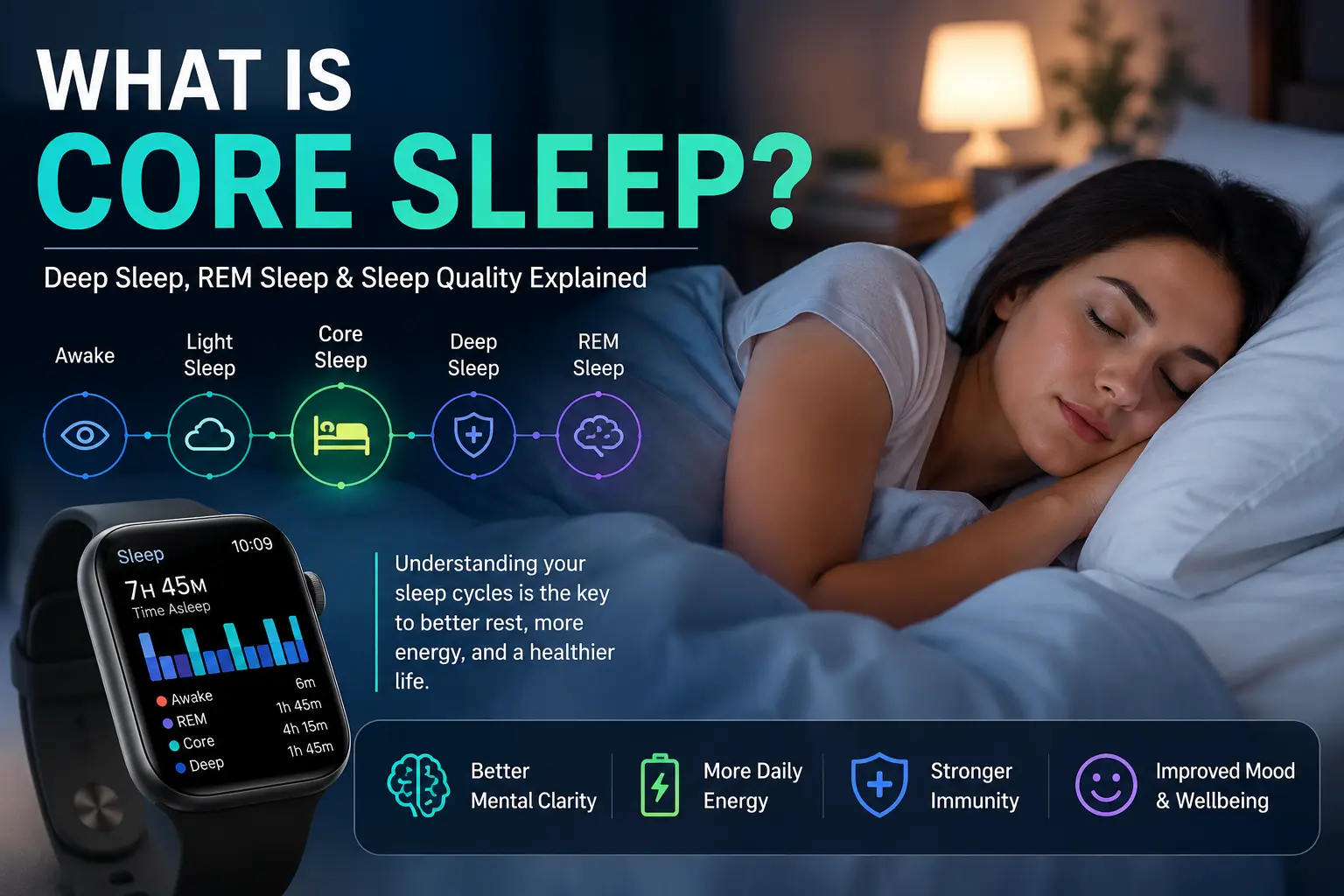 What is core sleep infographic showing deep sleep, REM sleep, and restorative sleep quality