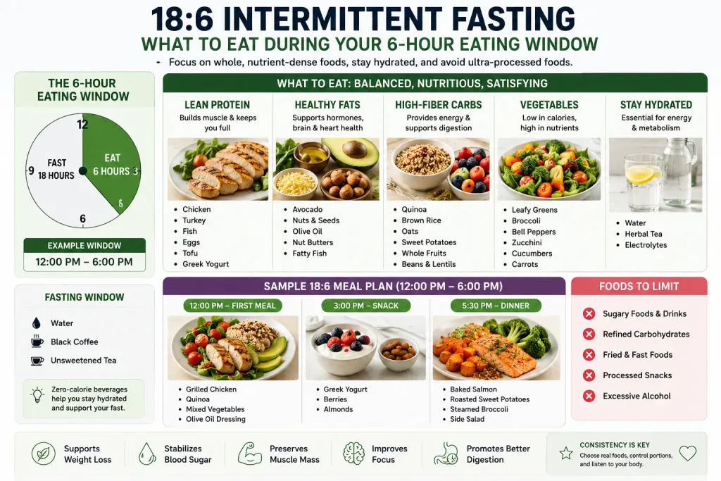 18:6 Intermittent Fasting: Benefits, Results, Meal Plan & Beginner's Guide (2026) Healthy foods to eat during a 6-hour intermittent fasting eating window