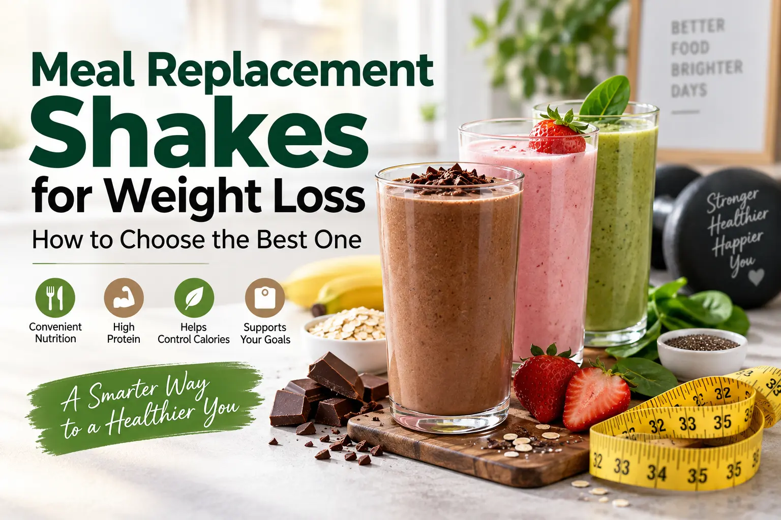Meal replacement shakes for weight loss with chocolate, strawberry, and green shake options